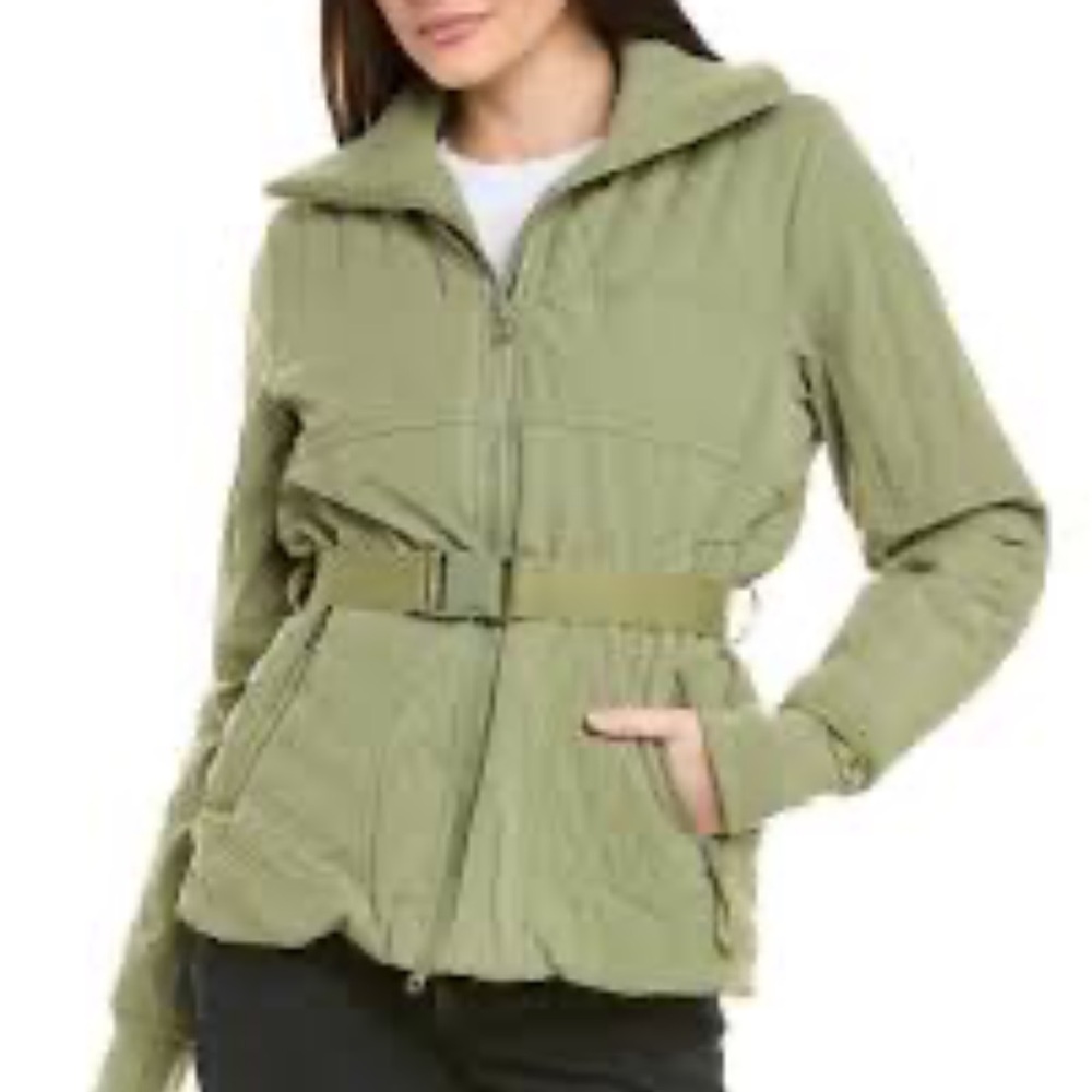 CAbi Ski Lift Light Olive Green Belted Quilted Puffer Jacket Coat Size XL NWOT